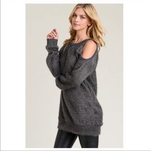 Open shoulder fuzzy sweater